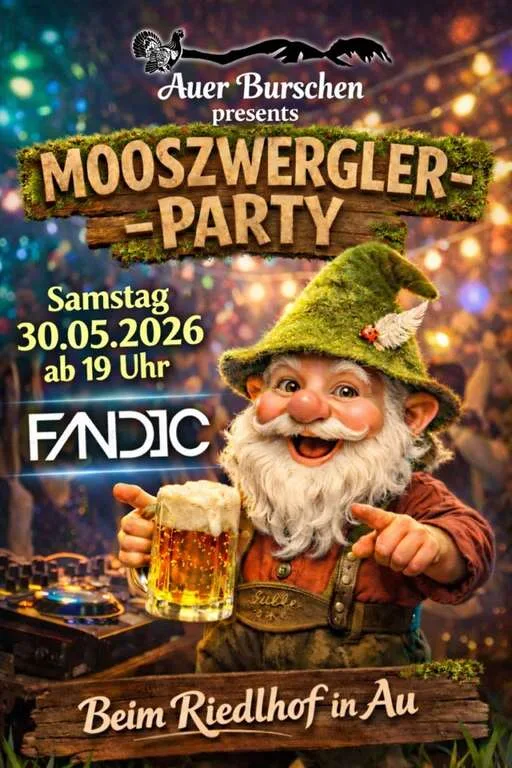 Flyer für Mooszwergler Party in Bad Feilnbach