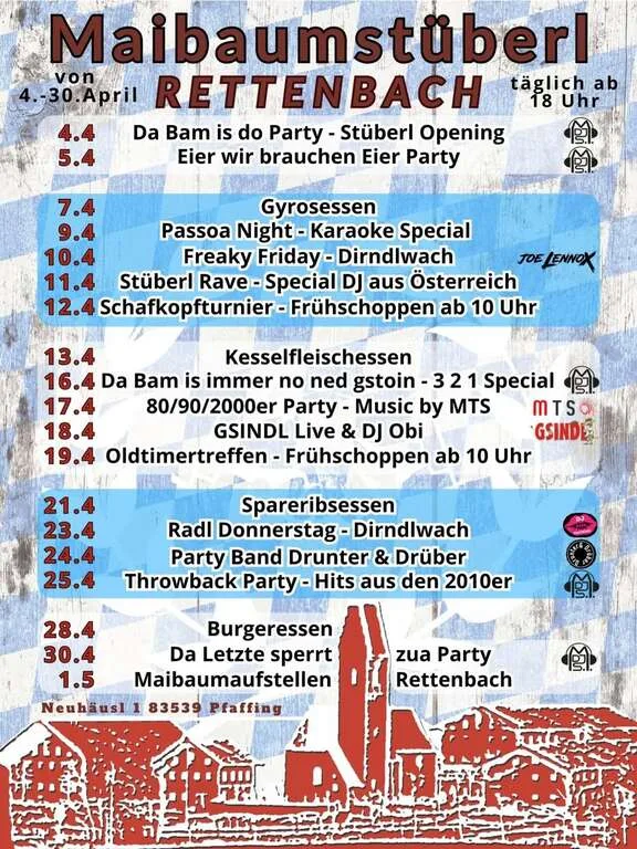 Flyer für Maibaumaufstellen - Maibaumstüberl Rettenbach in Pfaffing