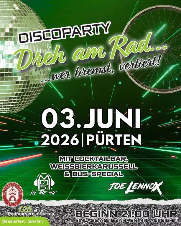 Flyer für Discoparty- #DrehamRad in Waldkraiburg